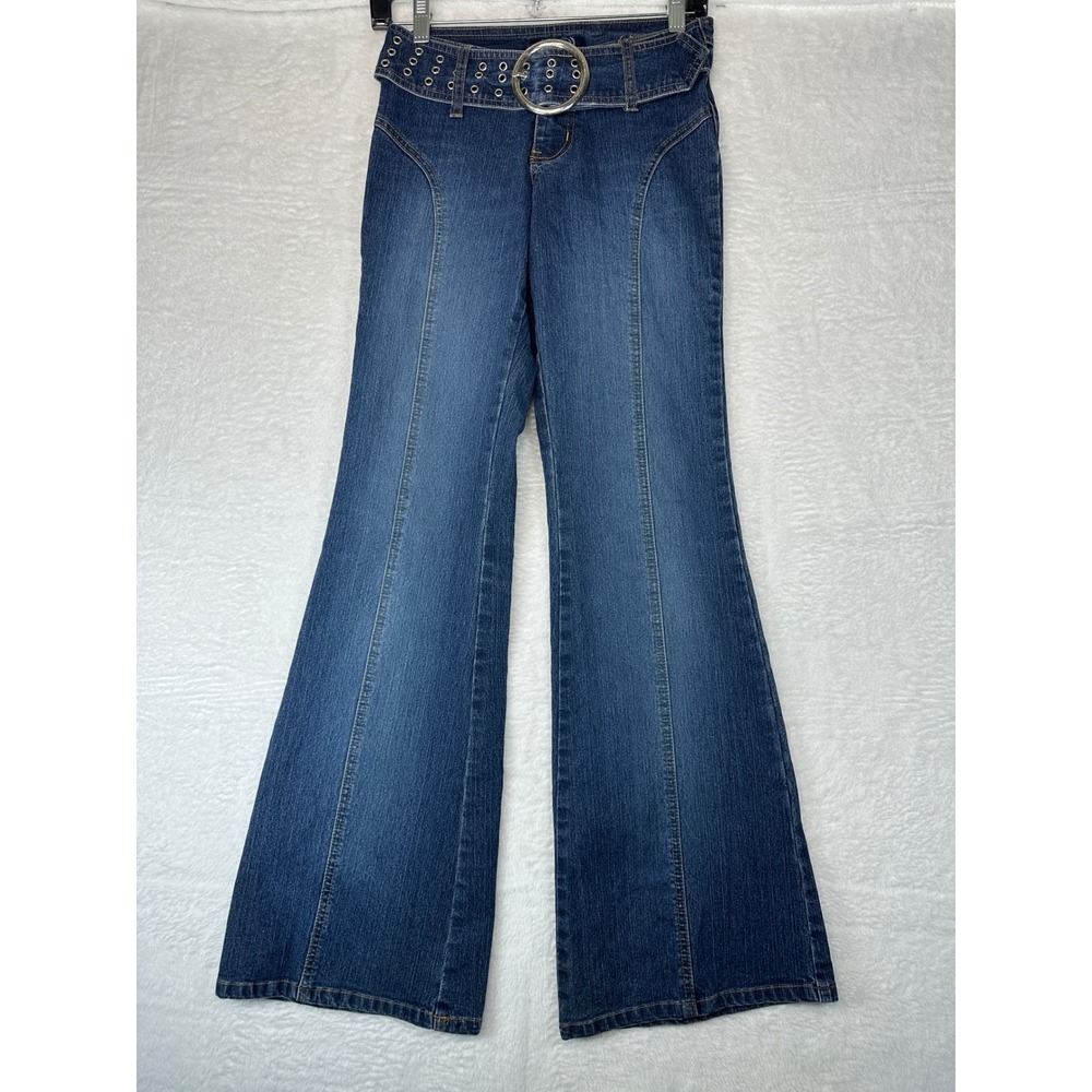 Angels Flared Belted Jeans Womens 27 Blue Grommet Ring Buckle Retro